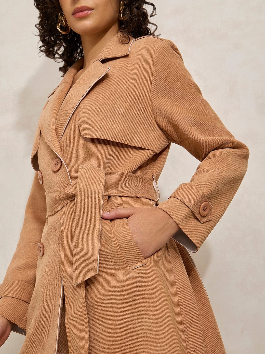 Women's Beige Trench Coat with Shoulder Flaps