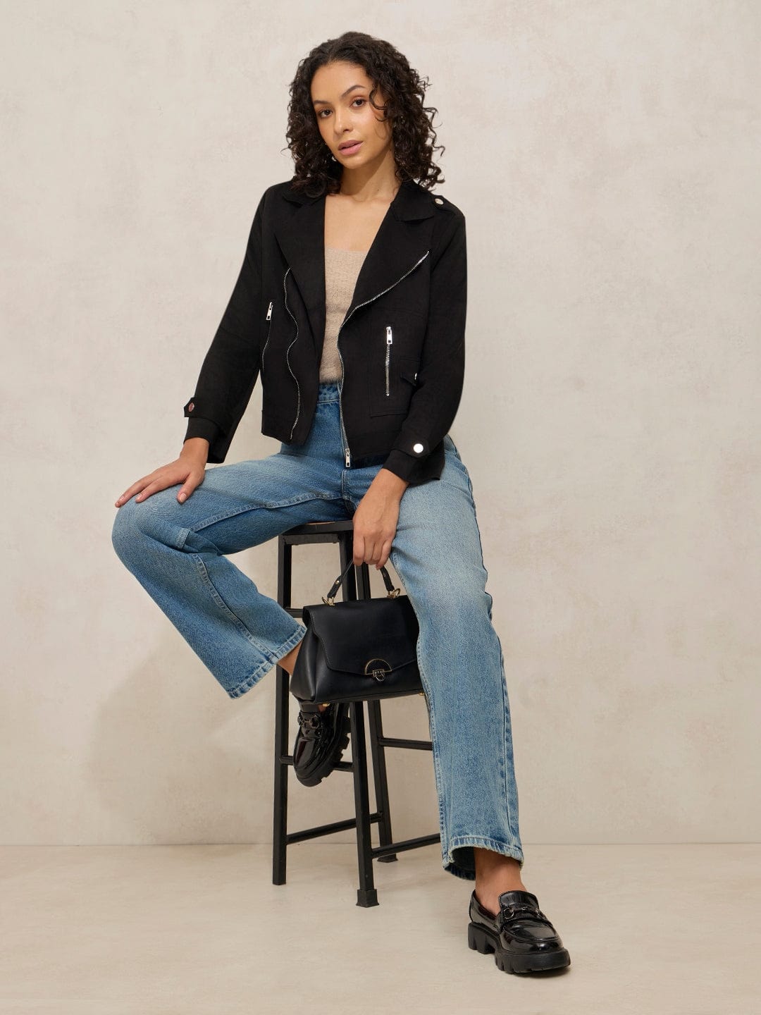 Women's Black Asymmetric Zipper Short Jacket