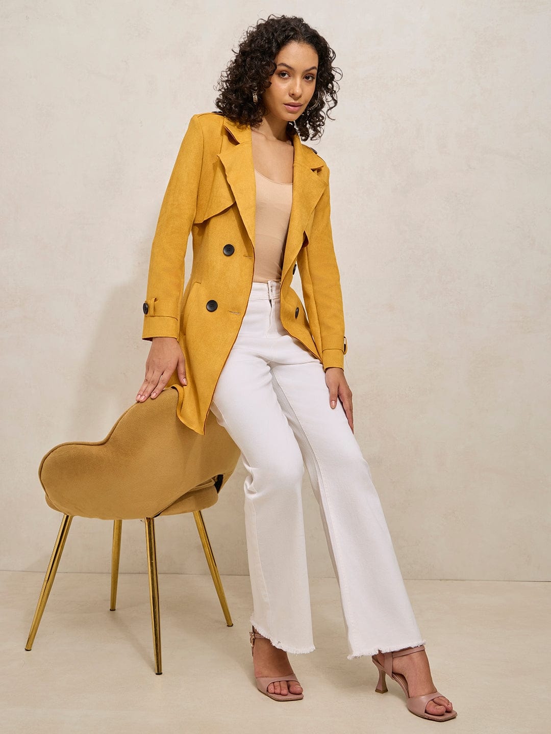 Women's Yellow Double Breasted Trench Coat with Belt