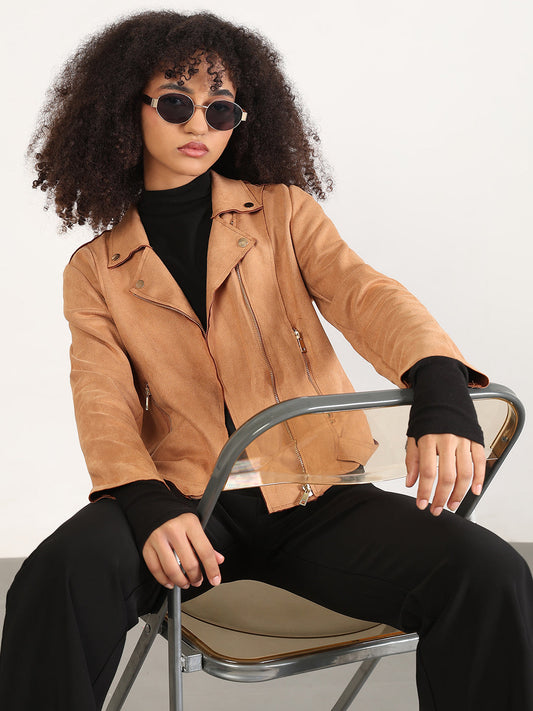 Women's Solid Brown Lapel Collar Jacket