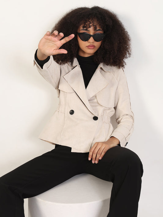 Women's Solid Beige Spread Collar Tailored Jacket