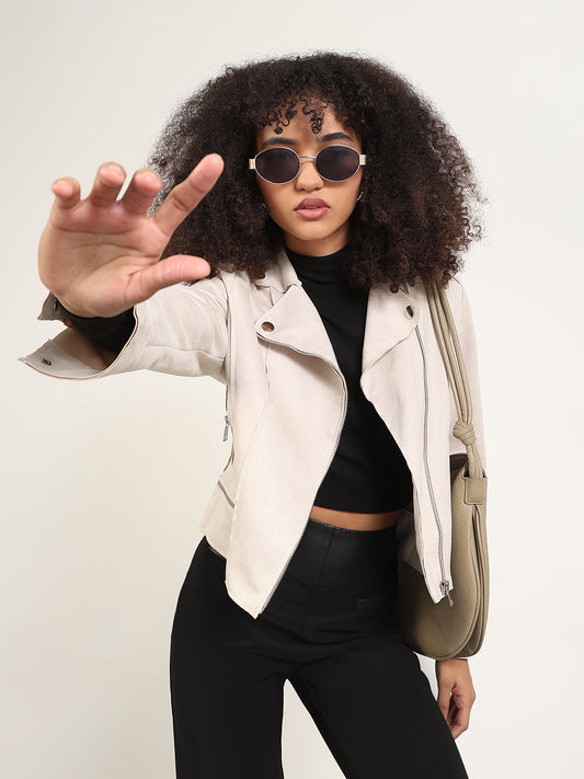 Women's Solid Beige Lapel Collar Tailored Jacket