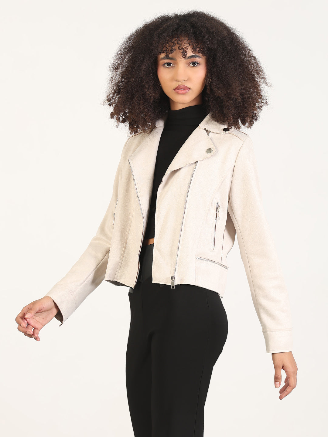Women's Solid Beige Lapel Collar Tailored Jacket