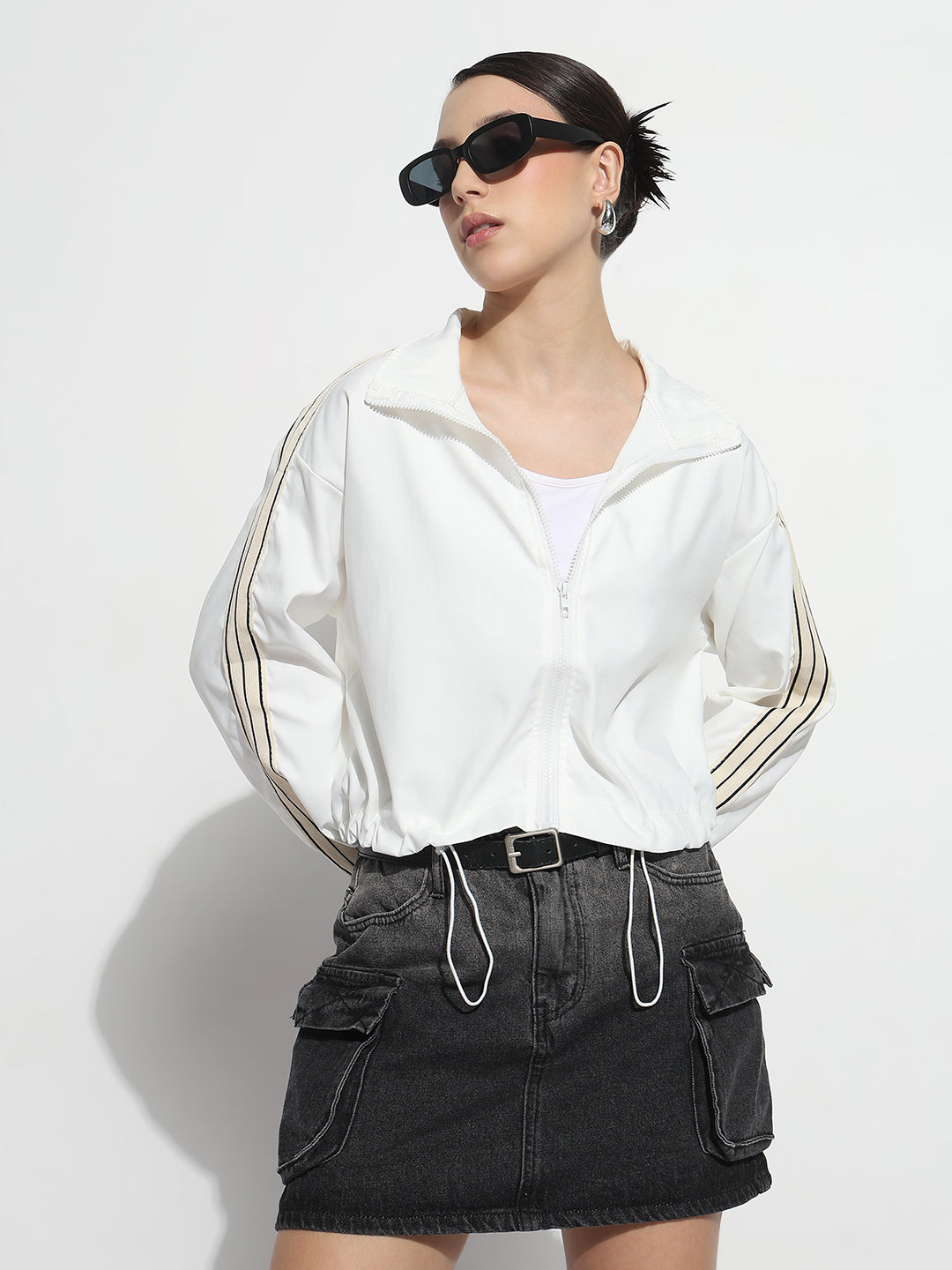 Women's White Mock Collar Relaxed Fit Zipper Jacket