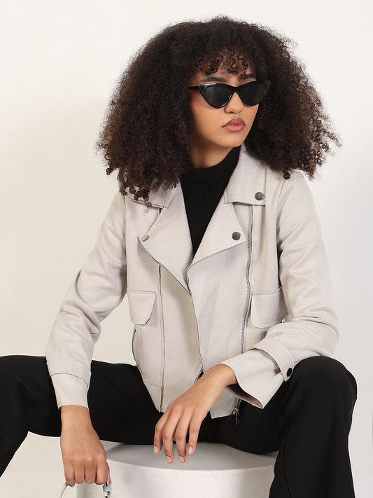 Women's Solid Grey Lapel Collar Tailored Jacket