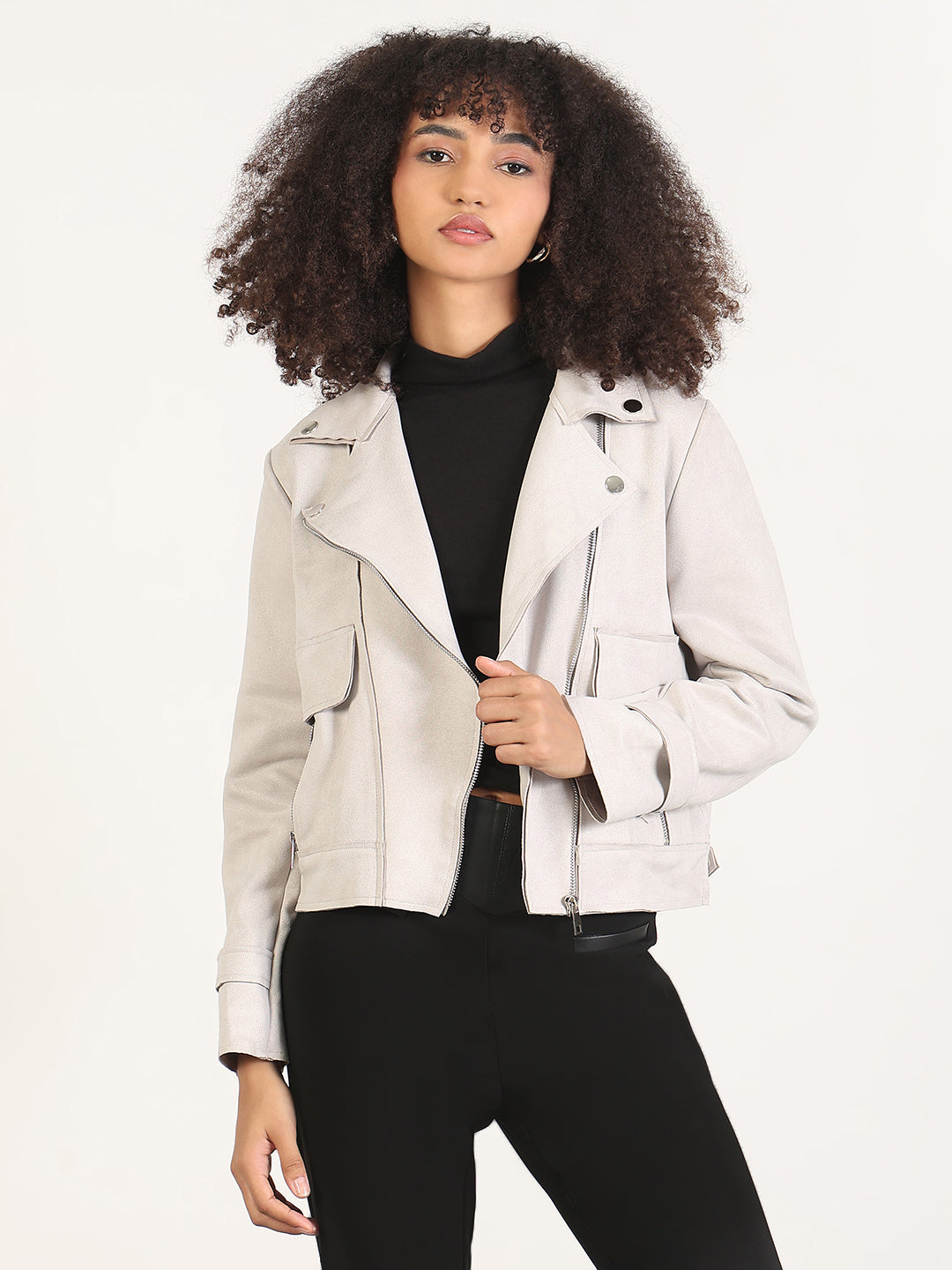 Women's Solid Grey Lapel Collar Tailored Jacket