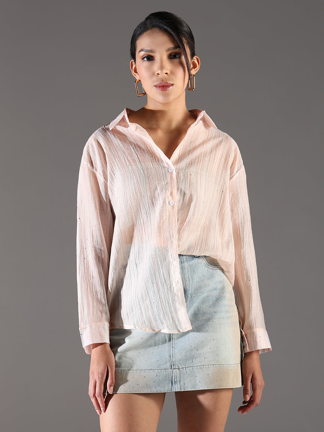 Women's Peach Comfort Relaxed Fit Cutaway Collar Textured Cotton Casual Shirt