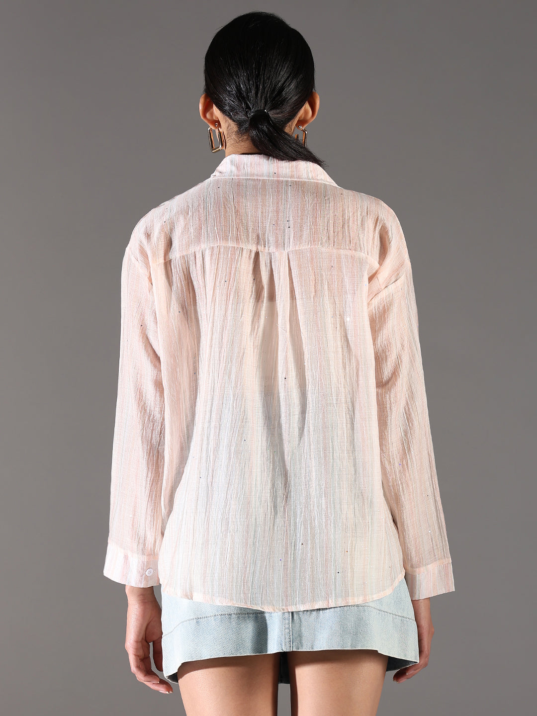 Women's Peach Comfort Relaxed Fit Cutaway Collar Textured Cotton Casual Shirt