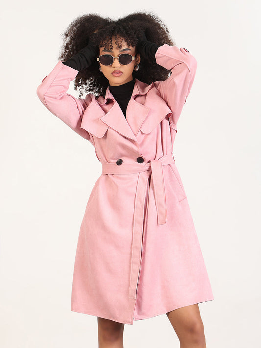 Women's Solid Pink Lapel Collar Longline Trench Coat with Fabric Belt