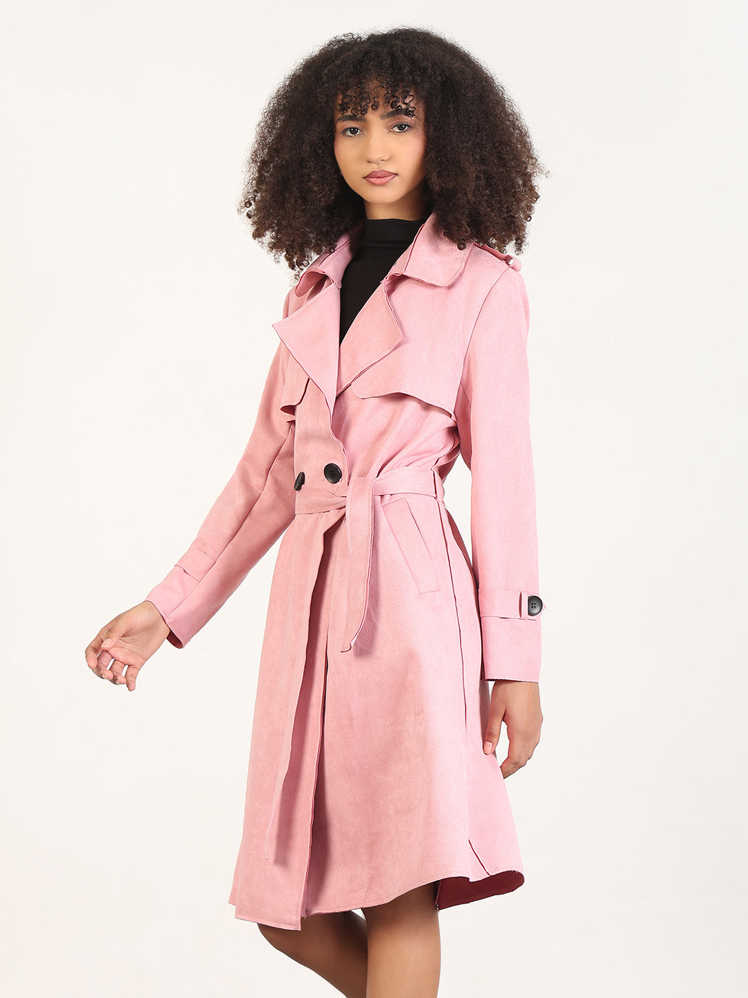 Women's Solid Pink Lapel Collar Longline Trench Coat with Fabric Belt