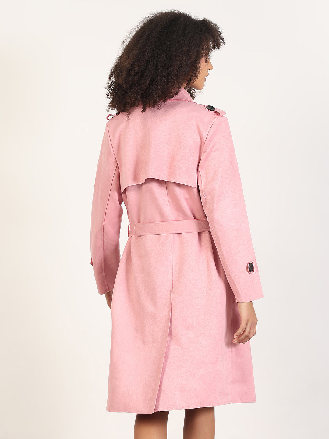 Women's Solid Pink Lapel Collar Longline Trench Coat with Fabric Belt