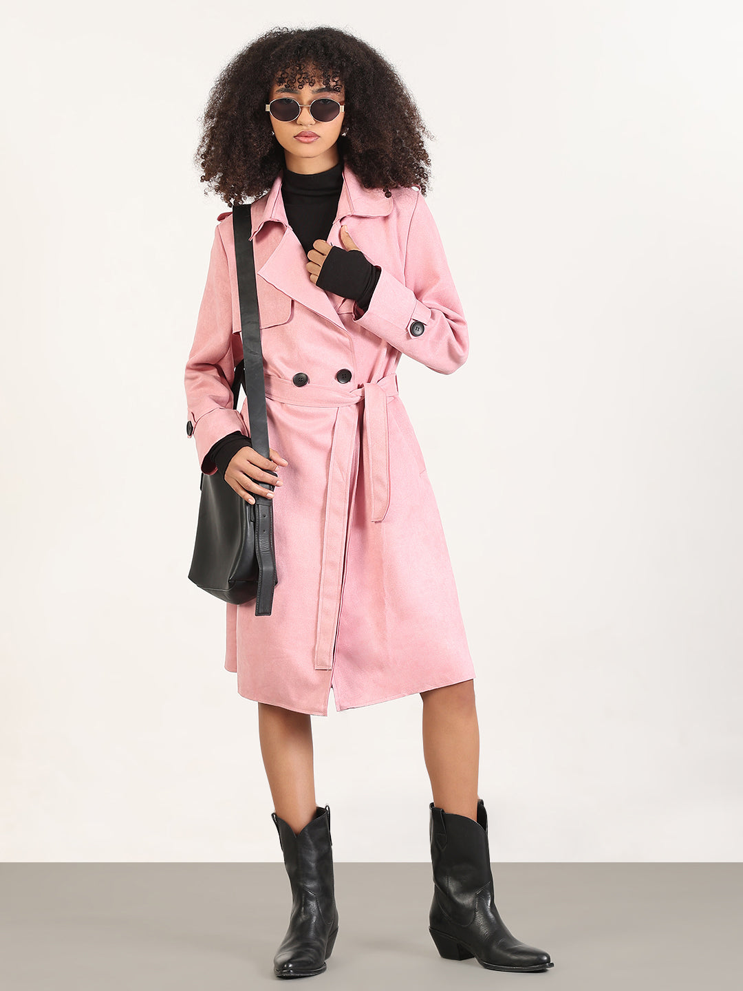 Women's Solid Pink Lapel Collar Longline Trench Coat with Fabric Belt