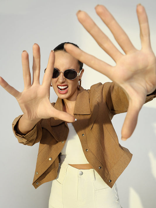 Women's Textured Beige Jacket with Snap Buttons