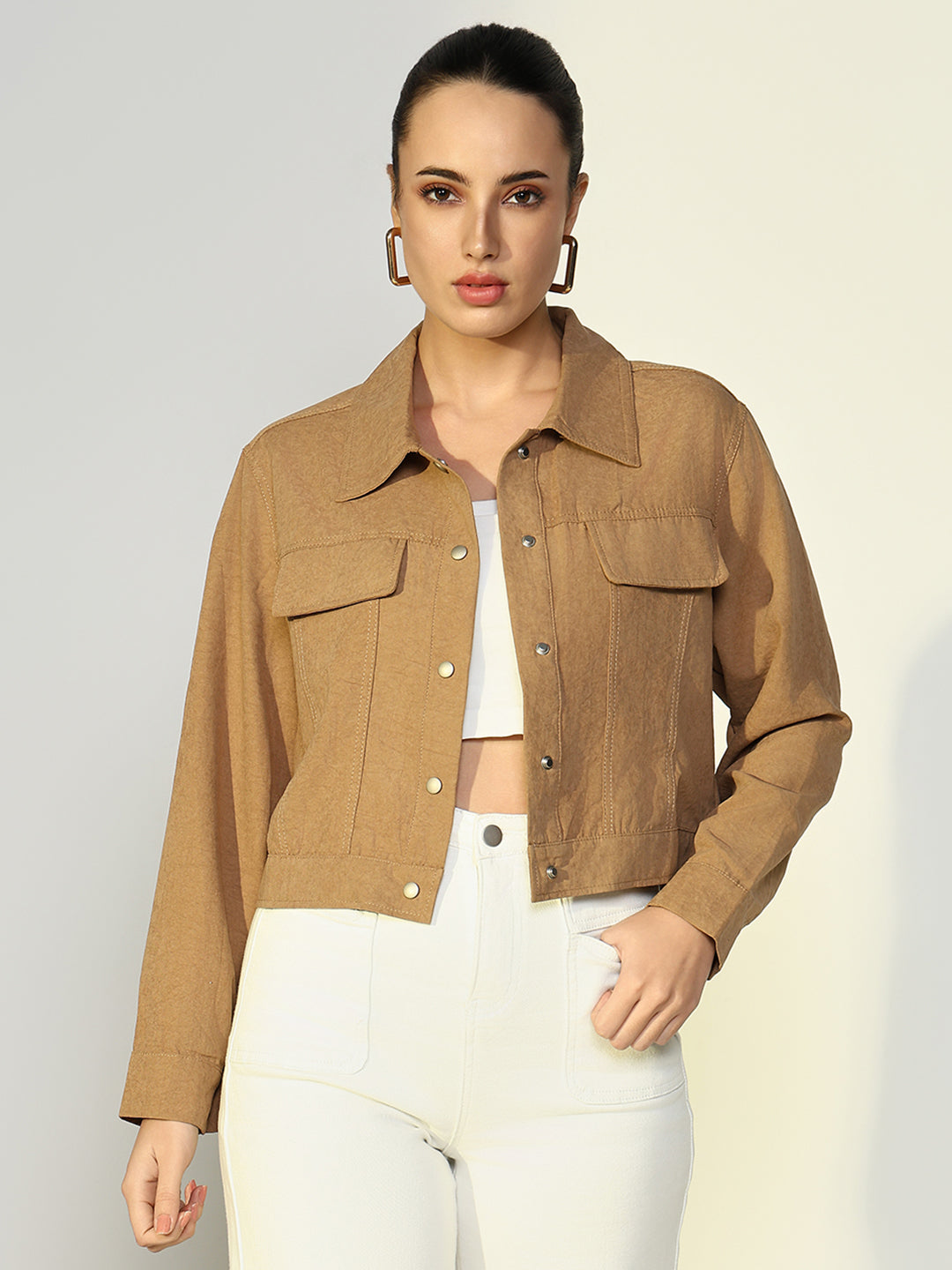 Women's Textured Beige Jacket with Snap Buttons