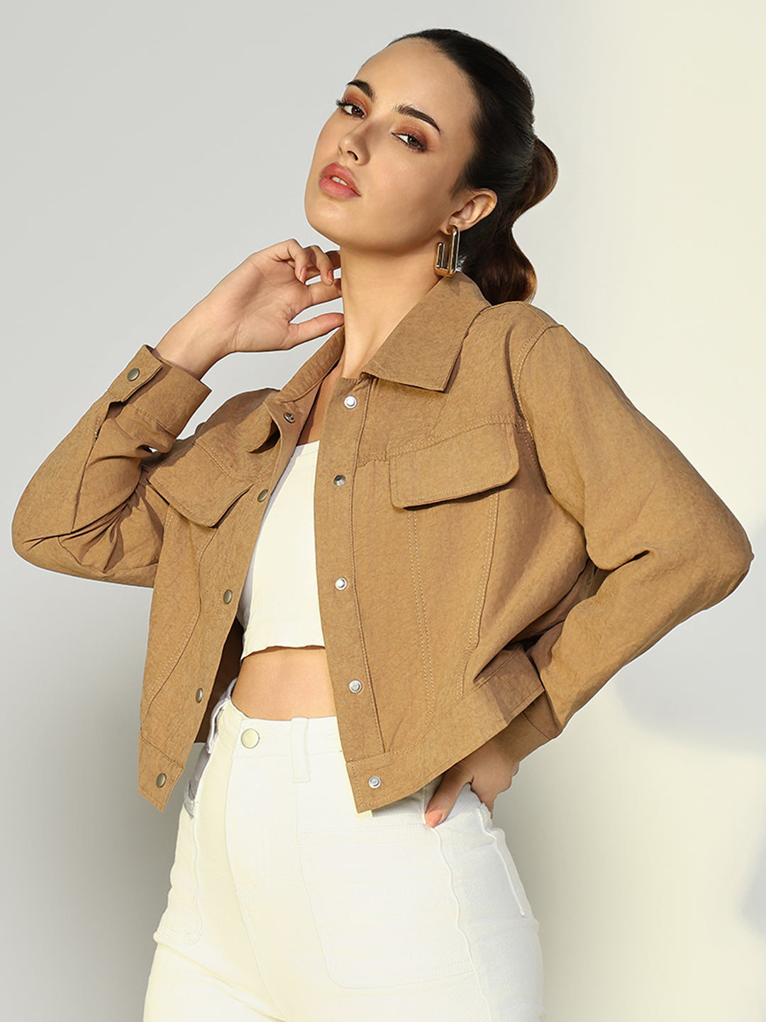 Women's Textured Beige Jacket with Snap Buttons