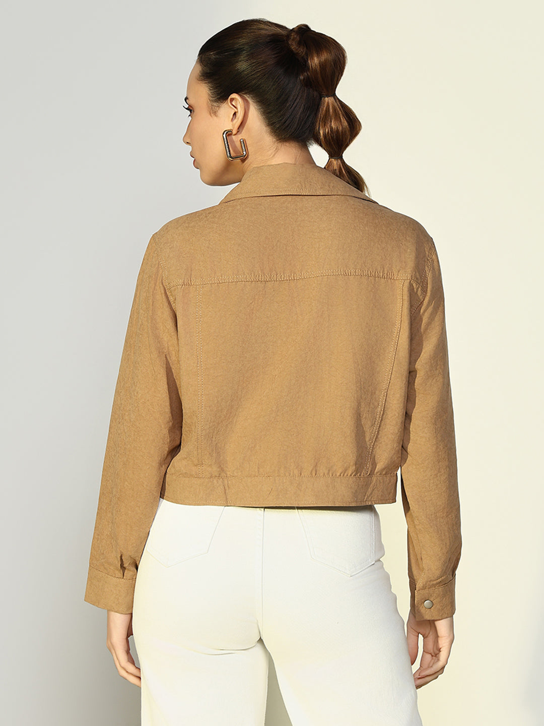 Women's Textured Beige Jacket with Snap Buttons