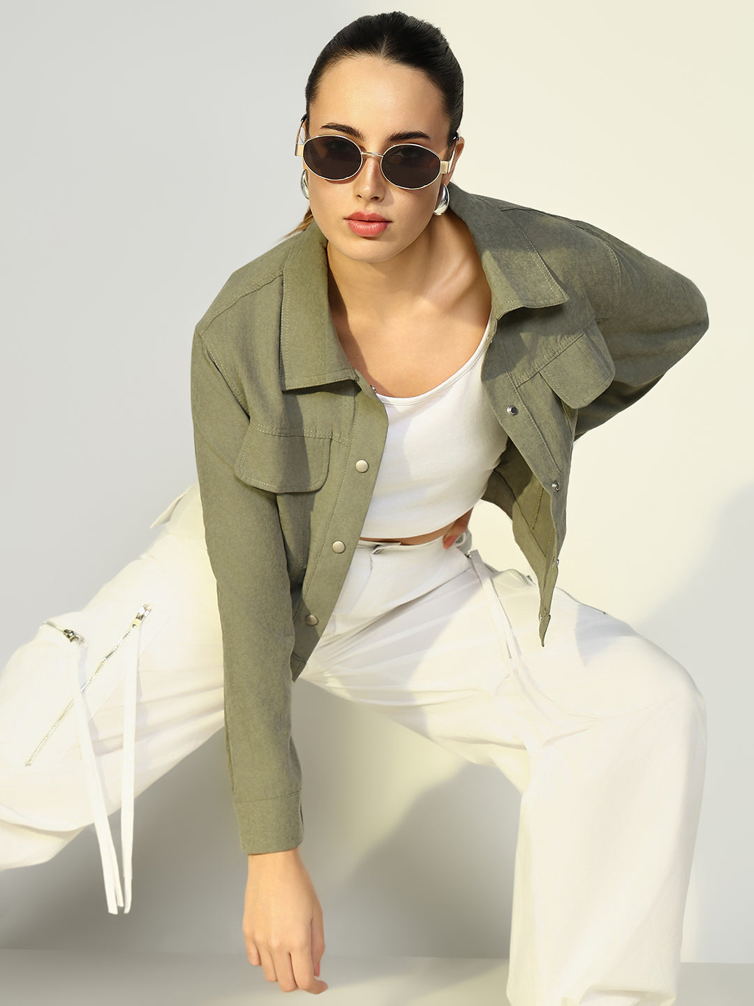 Women's Textured Olive Jacket with Snap Buttons