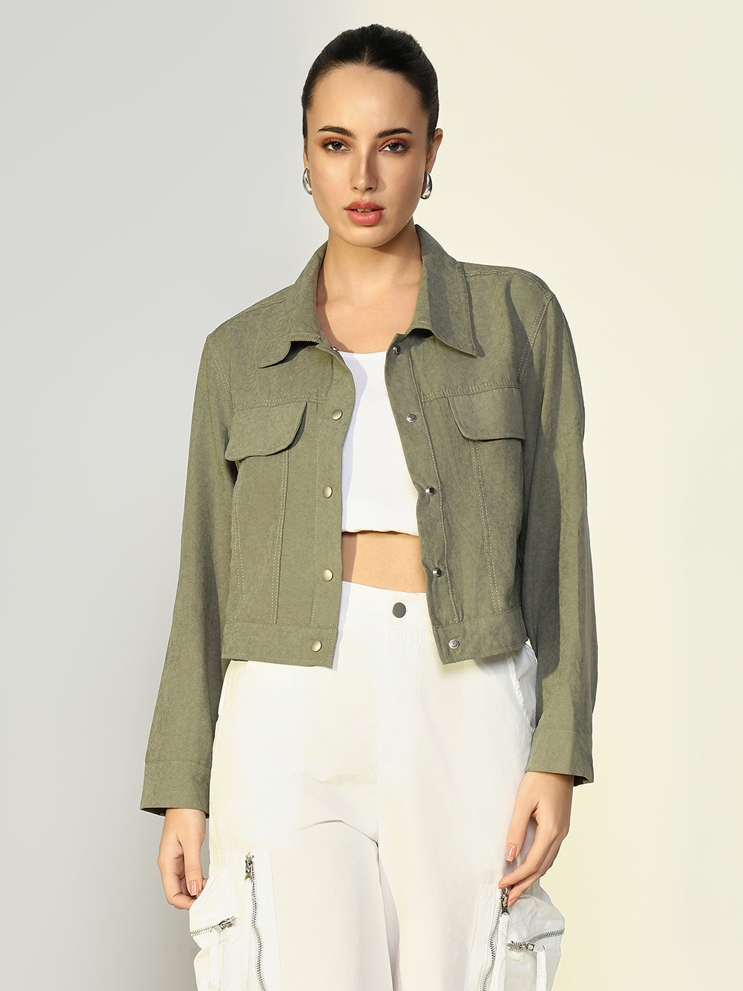 Women's Textured Olive Jacket with Snap Buttons