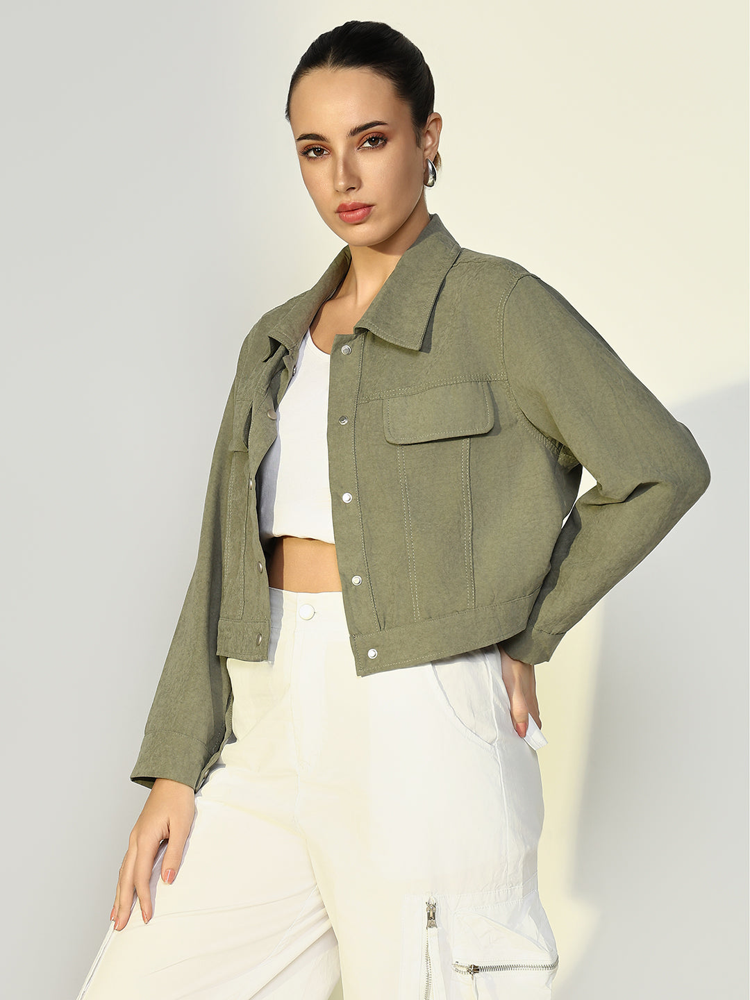 Women's Textured Olive Jacket with Snap Buttons