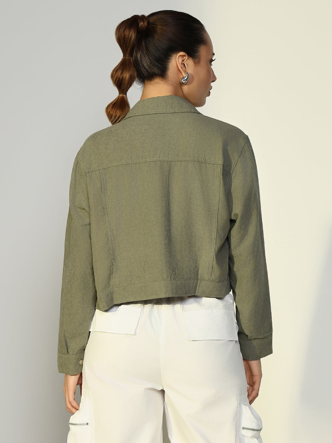 Women's Textured Olive Jacket with Snap Buttons