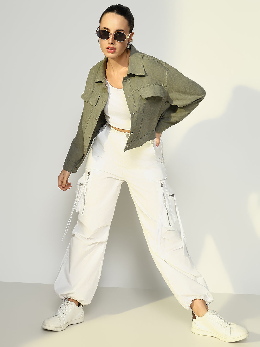 Women's Textured Olive Jacket with Snap Buttons