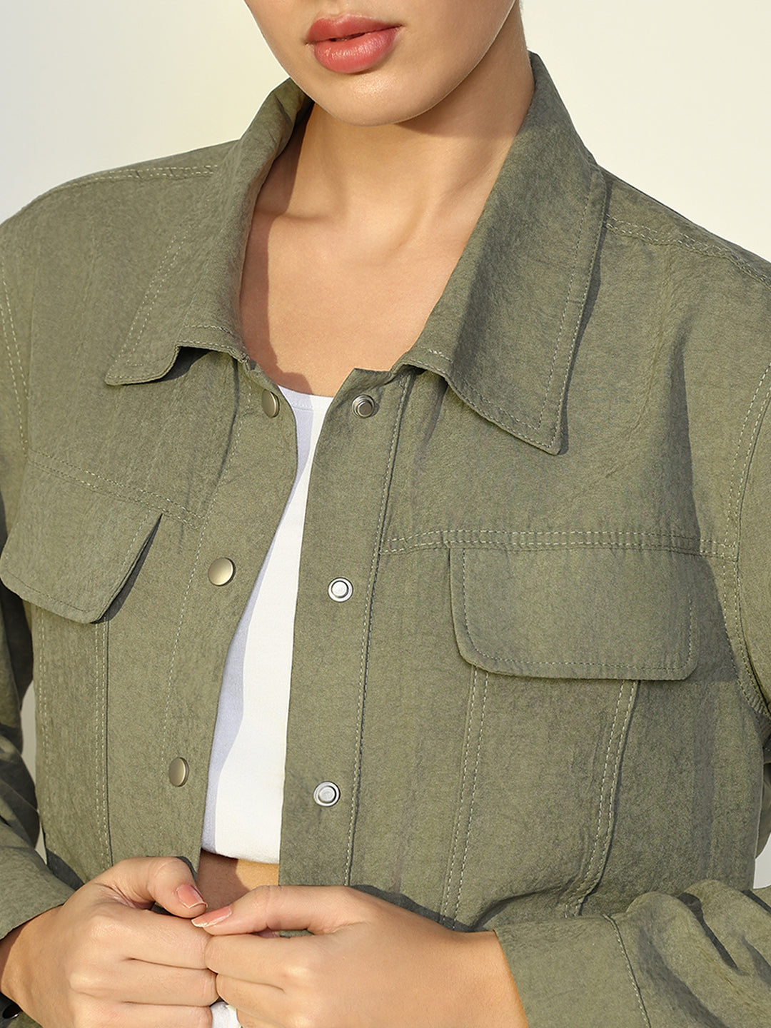 Women's Textured Olive Jacket with Snap Buttons