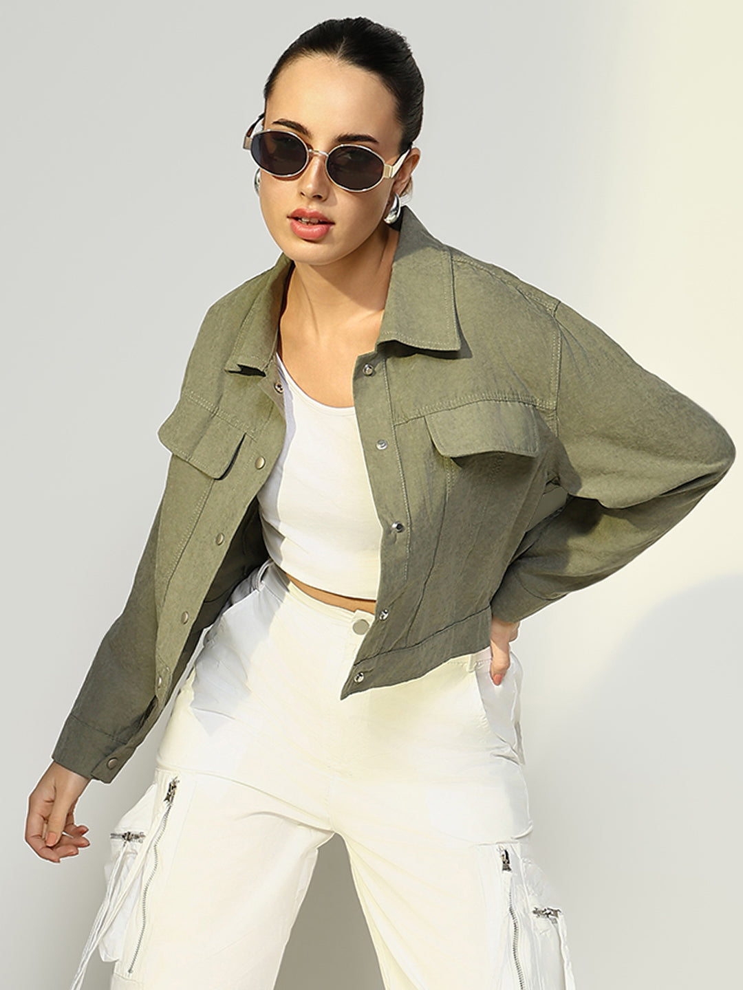 Women's Textured Olive Jacket with Snap Buttons