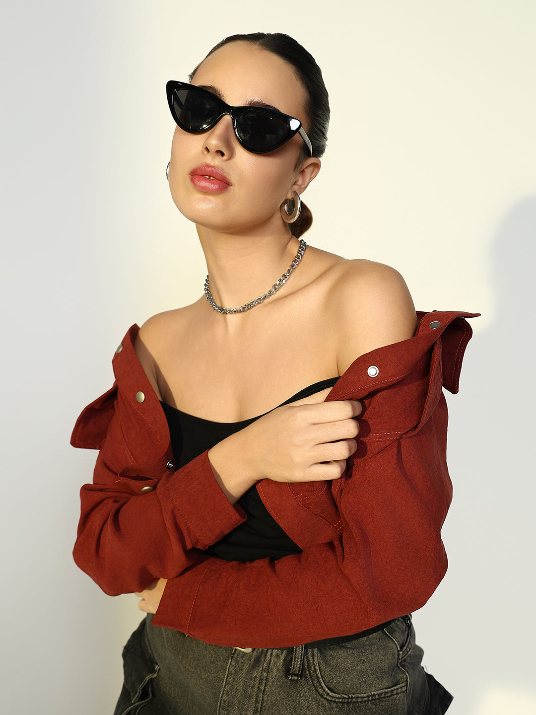 Women's Textured Red Jacket with Snap Buttons