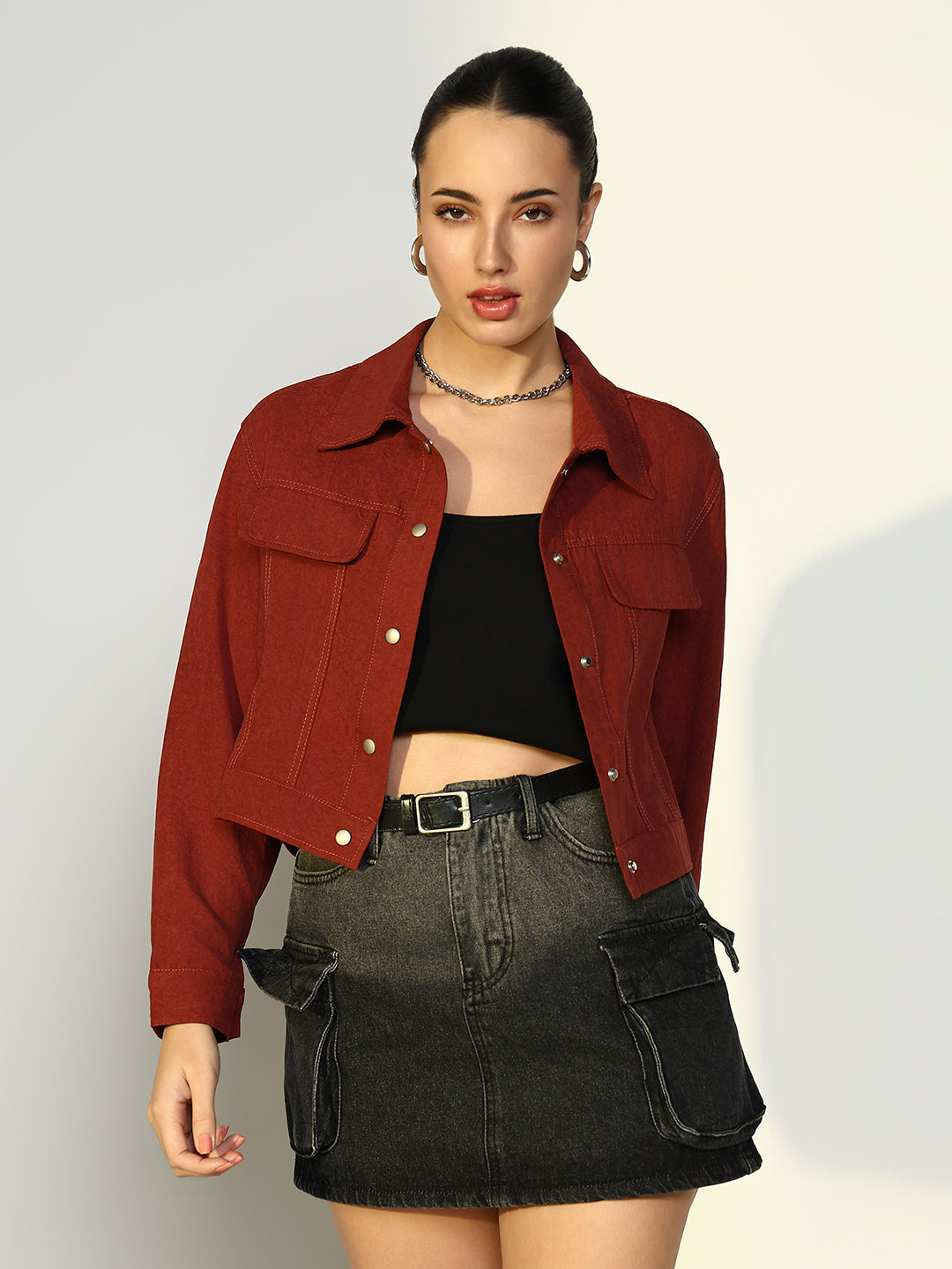 Women's Textured Red Jacket with Snap Buttons