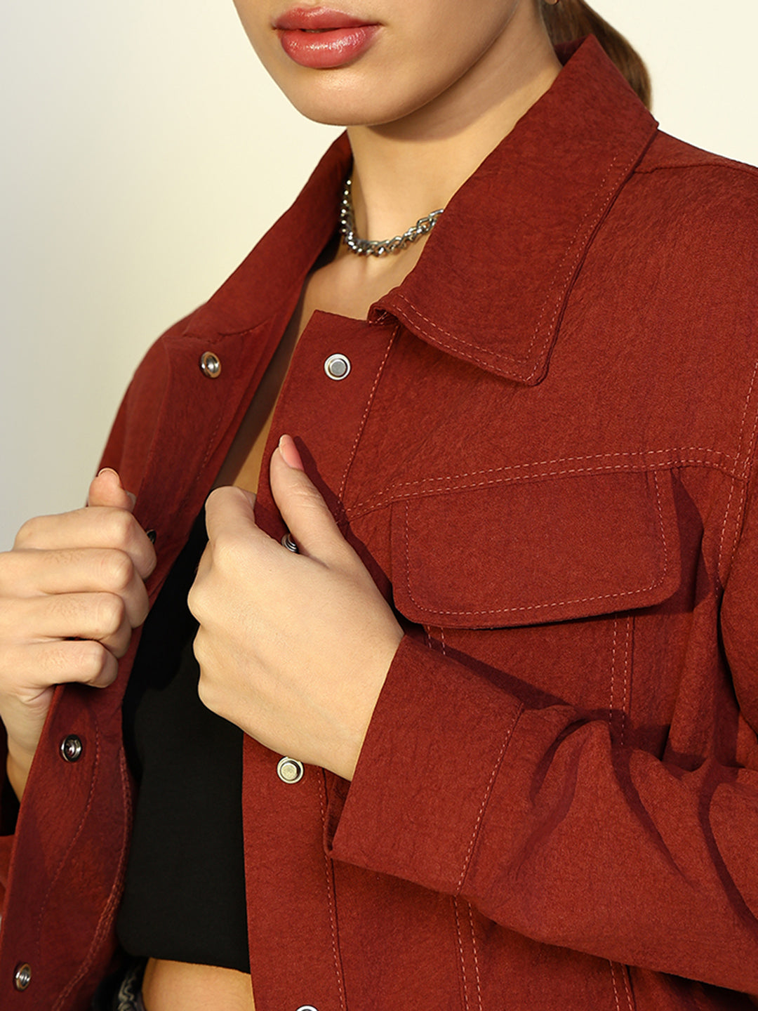 Women's Textured Red Jacket with Snap Buttons