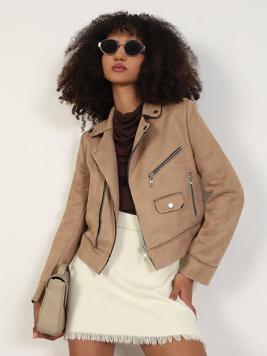 Women's Solid Beige Lapel Collar Tailored Jacket
