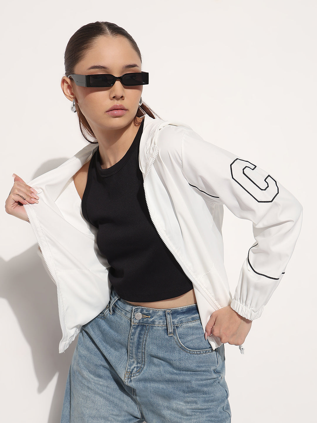Women's White Hooded Bomber Jacket