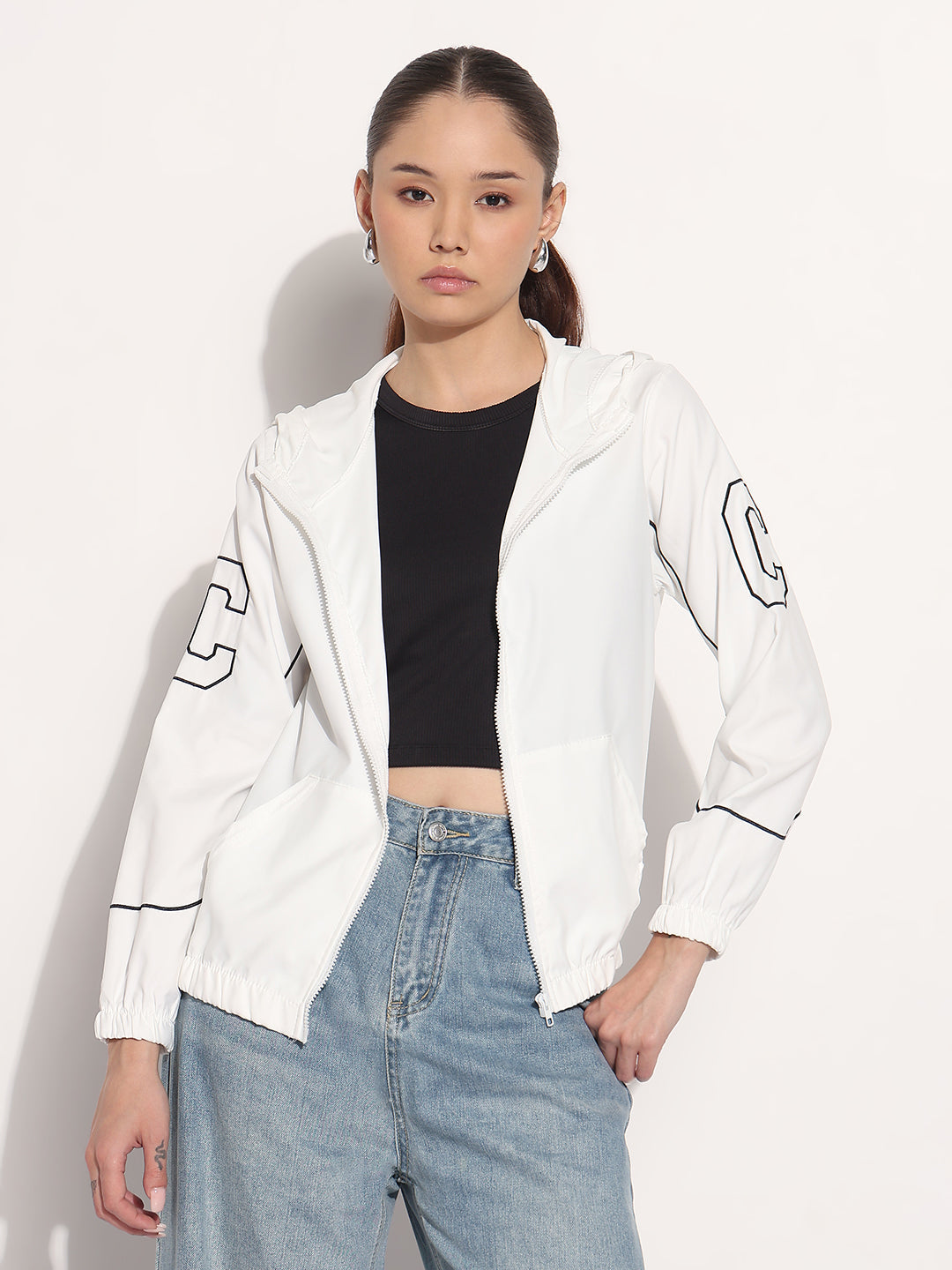 Women's White Hooded Bomber Jacket