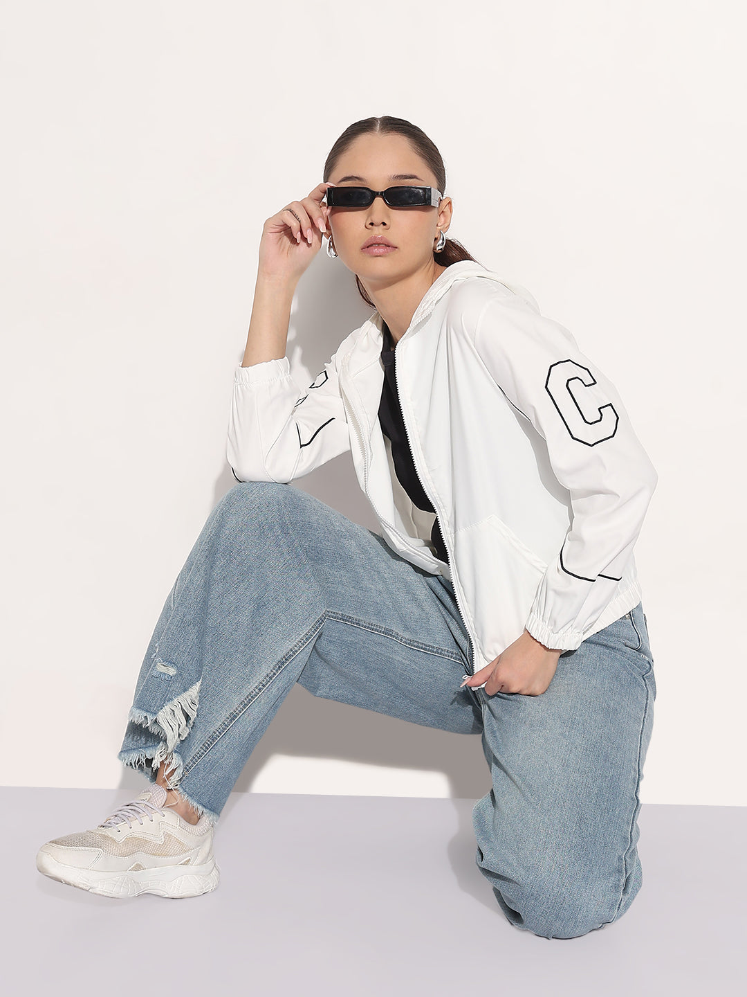 Women's White Hooded Bomber Jacket
