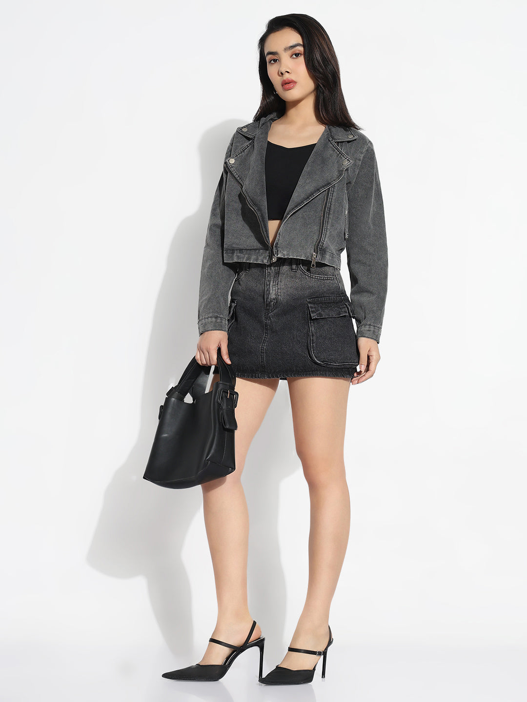 Women's Solid Grey Spread Collar Denim Jacket