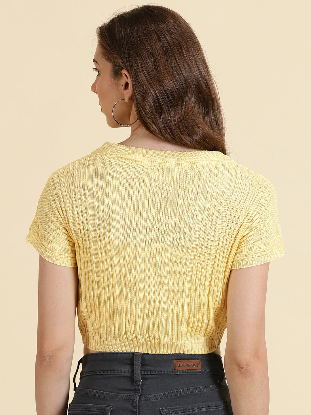 Women's Yellow Round Neck Ribbed Crop Top