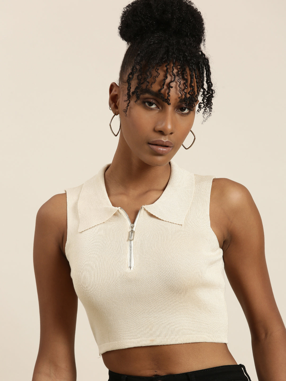 Women's Beige Shirt Collar Sleeveless Cotton Fitted Crop Top