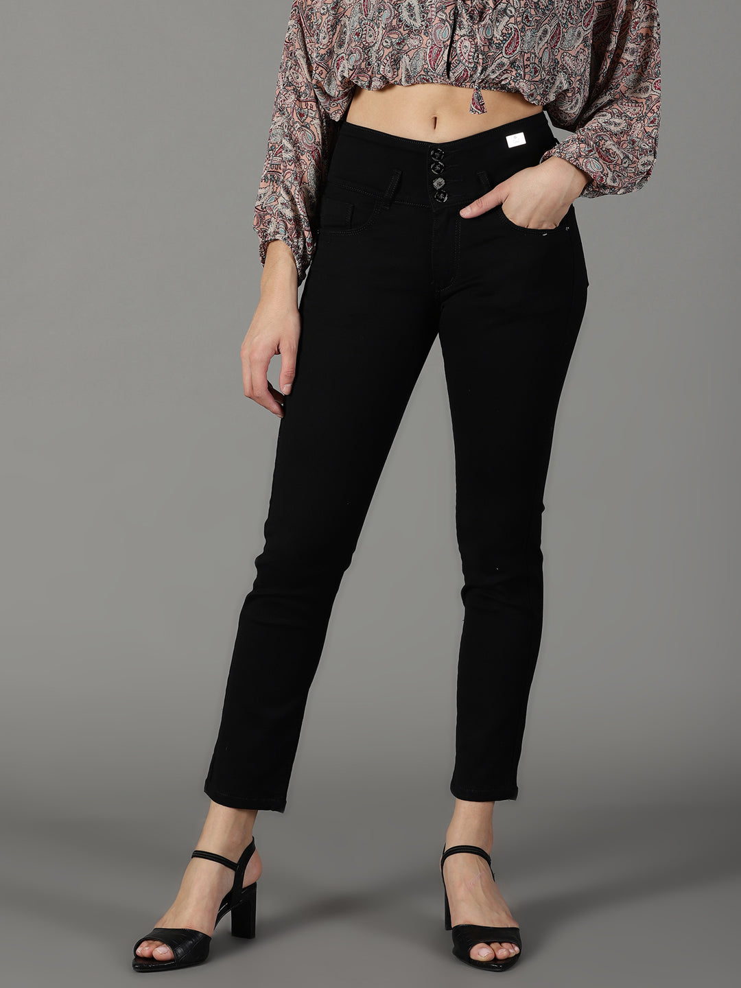 Women's Black Mid-Rise Stretchable Cotton Jeans