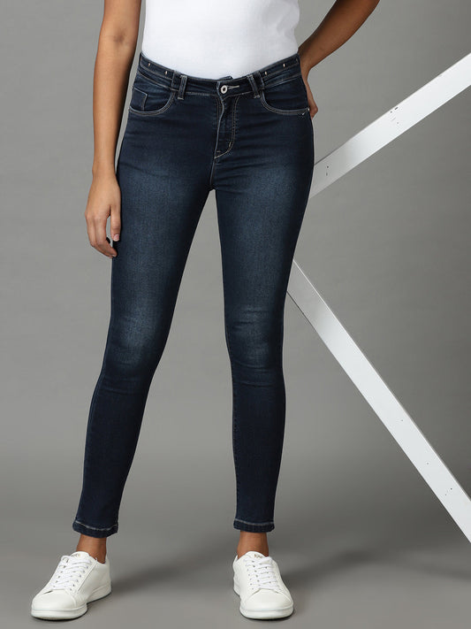 Women's Navy Blue Skinny Fit High-Rise Light Fade Stretchable Cotton Jeans