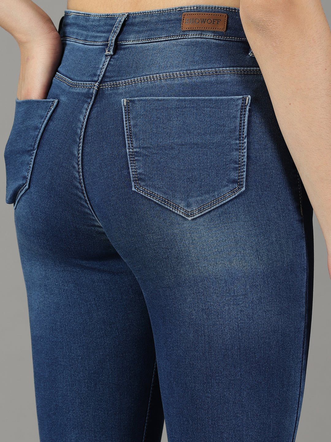 Women's Navy Blue Light Fade Acid Wash Stretchable Low-Rise Cotton Jeans