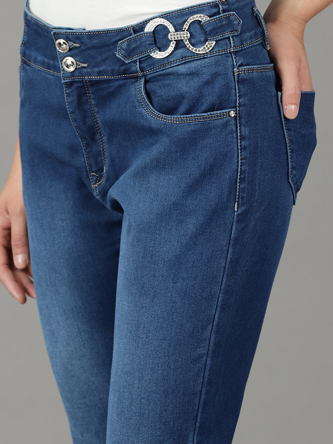 Women's Navy Blue Slim Fit Mid-Rise Light Fade Stretchable Jeans