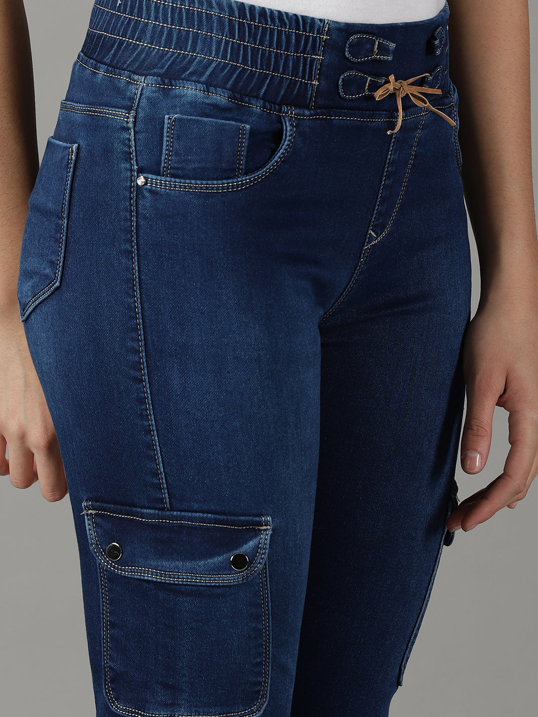 Women's Navy Blue Jogger High-Rise Light Fade Acid Wash Stretchable Cotton Jeans