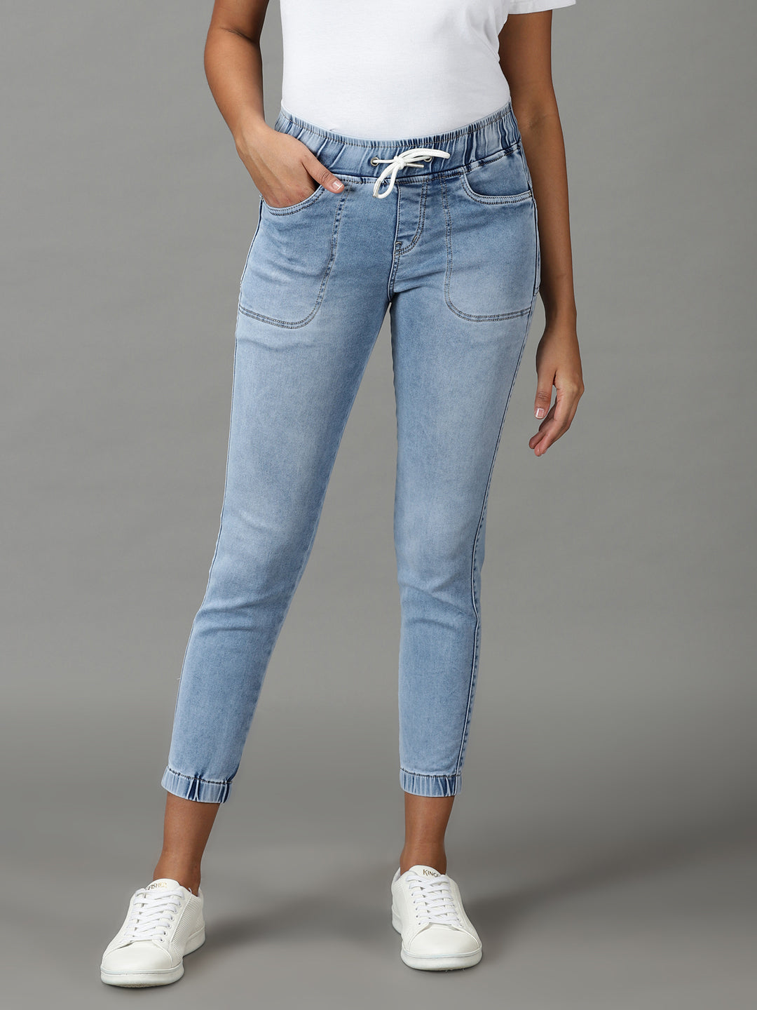 Women's Blue Jogger High-Rise Light Fade Stretchable Jeans