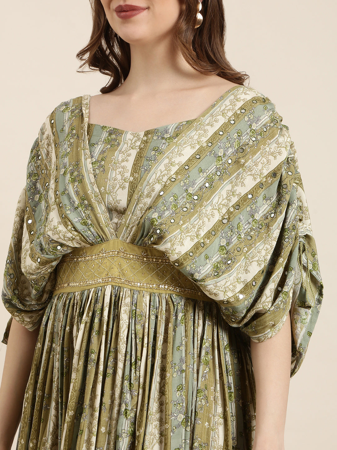 Women's Green Floral Print Cape Sleeve Fit & Flare Dress