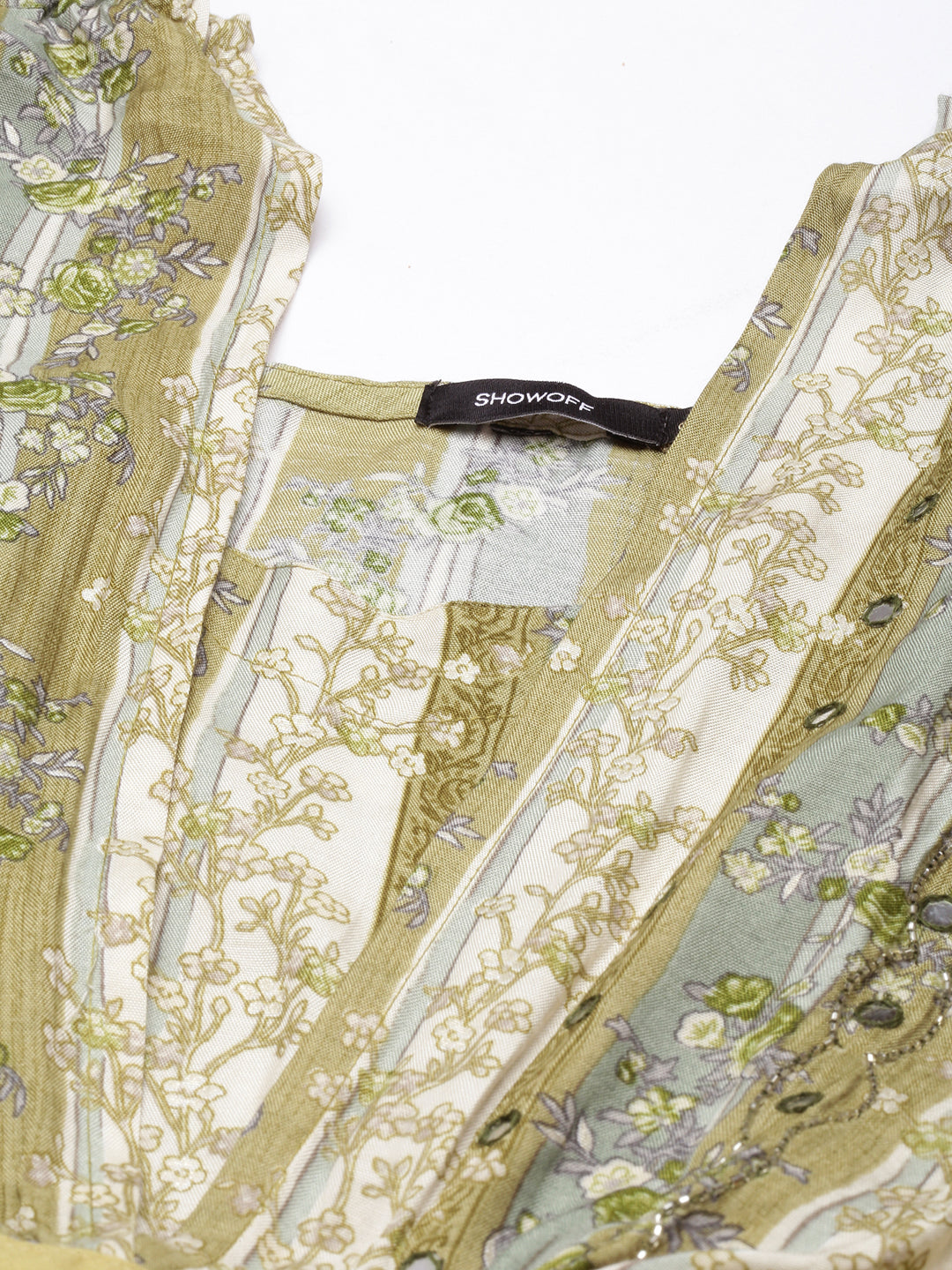 Women's Green Floral Print Cape Sleeve Fit & Flare Dress