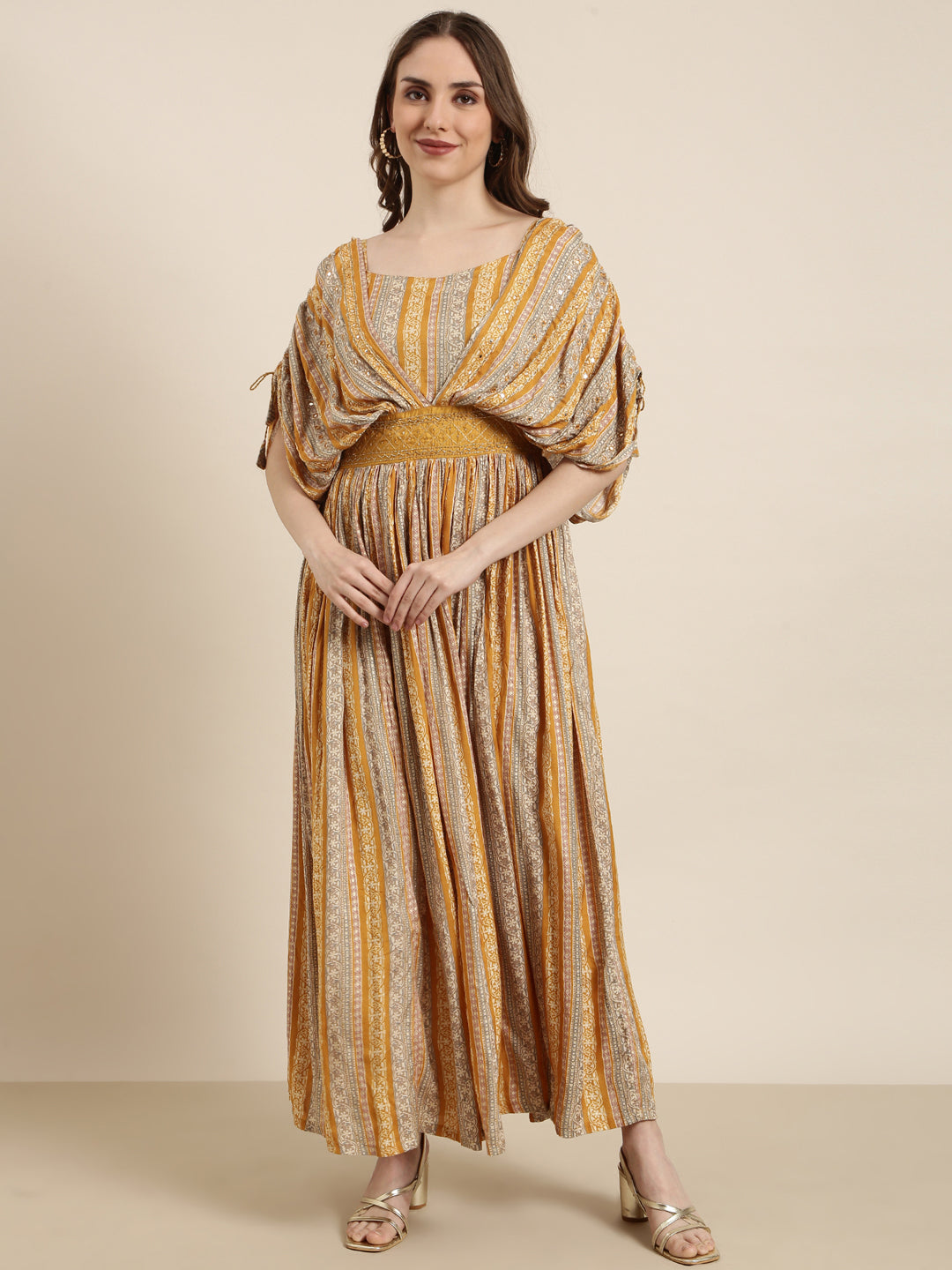 Women's Mustard Floral Printed Square Neck Cape Sleeves Fit and Flare Dress