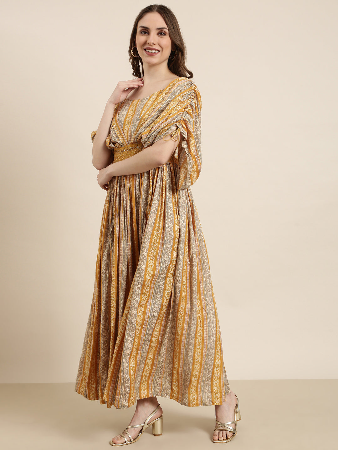 Women's Mustard Floral Printed Square Neck Cape Sleeves Fit and Flare Dress