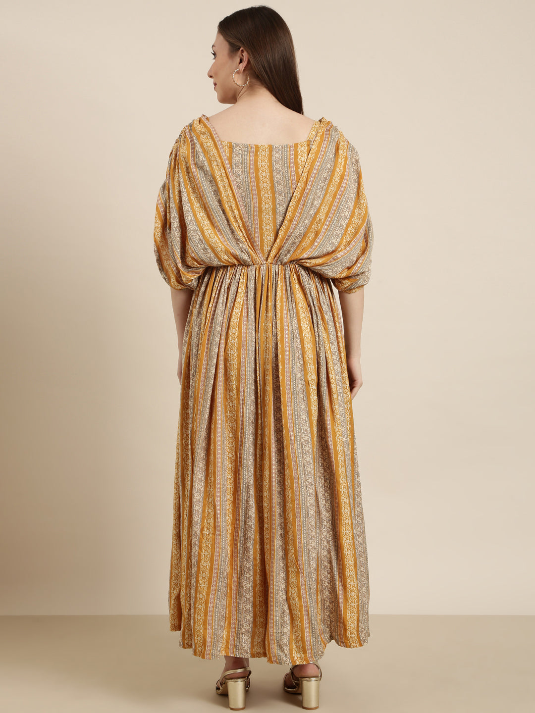 Women's Mustard Floral Printed Square Neck Cape Sleeves Fit and Flare Dress