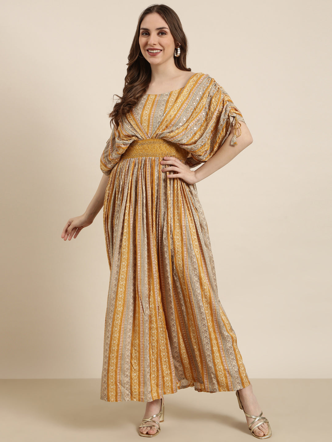 Women's Mustard Floral Printed Square Neck Cape Sleeves Fit and Flare Dress