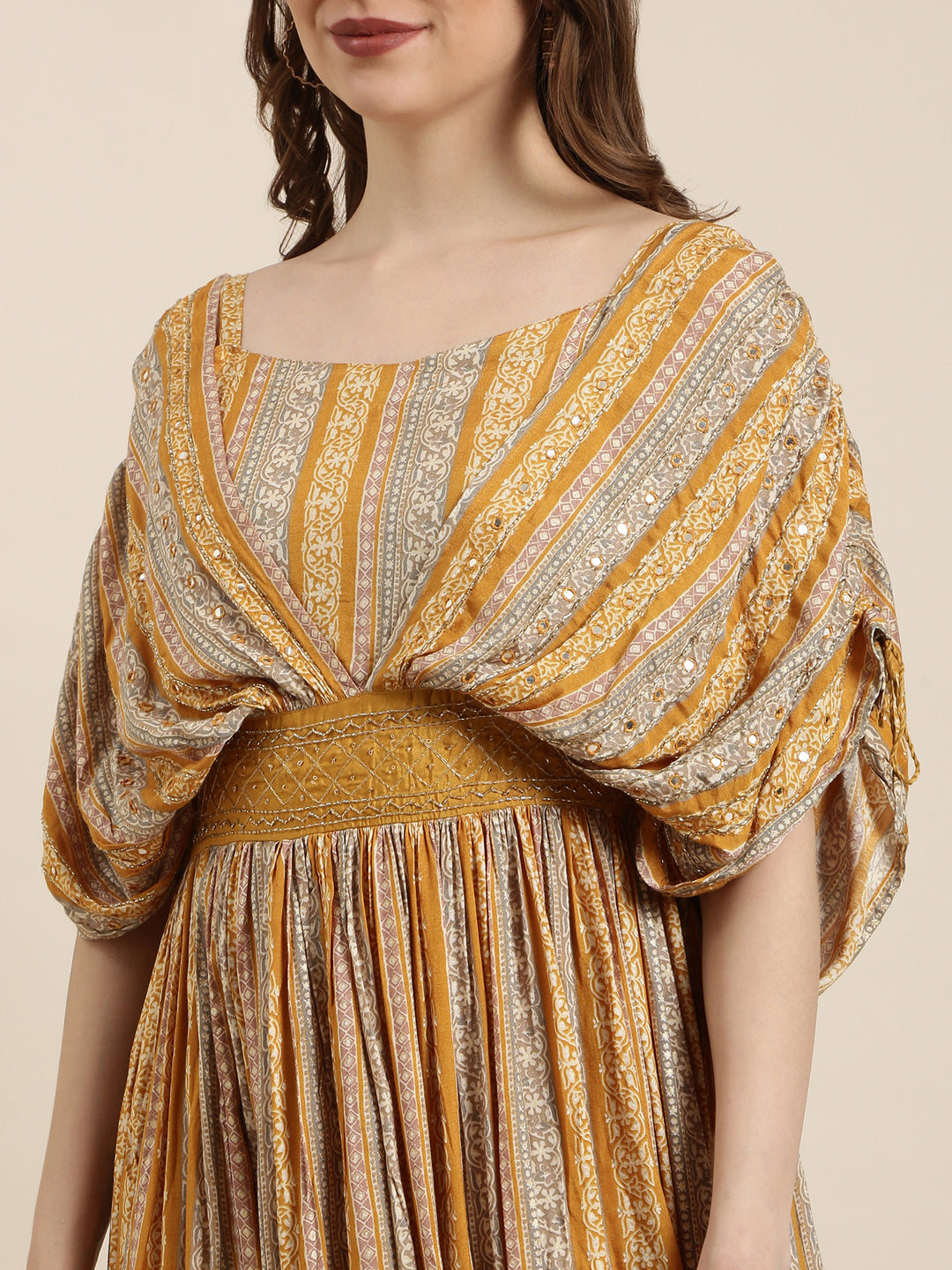 Women's Mustard Floral Printed Square Neck Cape Sleeves Fit and Flare Dress